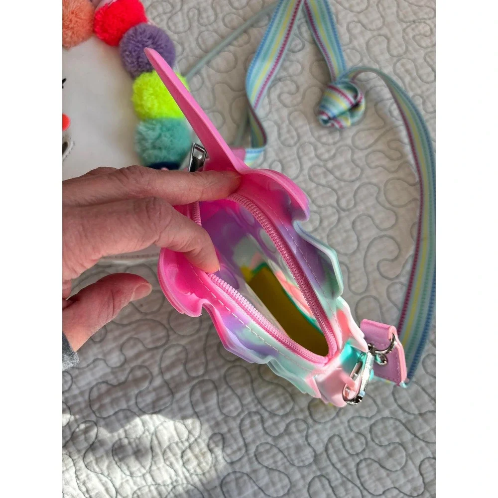 Unicorn Purses Pop It Fidget Crossbody Bag Rainbow Pom Pom‎ White
